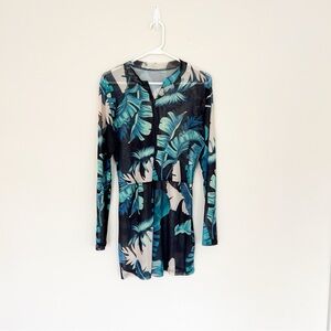 Blue Tropical Leaf Print Long Sleeve Sheer Romper M/L Zip Up Cover Up Cotton